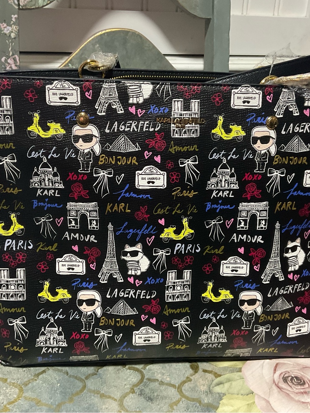 Karl Lagerfeld Black Paris Doodle Tote with Multicolor Accents